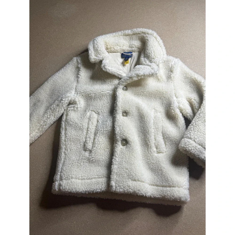 Polo Ralph Lauren Kids Sherpa‎ Fleece Jacket Cream White Button Up Coat Size 6